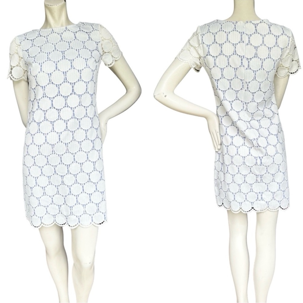 Jude Connally White & Blue Pinstripe Circle Print Preppy Short Sleeve Dress XS
